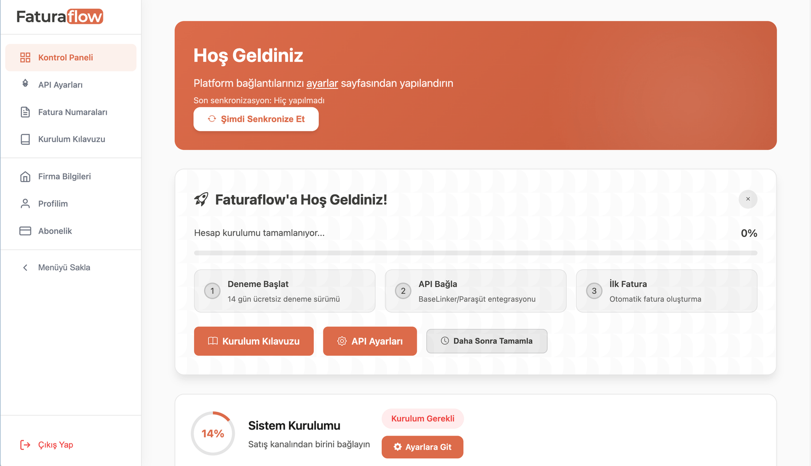 FaturaFlow kontrol paneli: hesap kurulumu, entegrasyon ayarları ve ilk fatura adımları